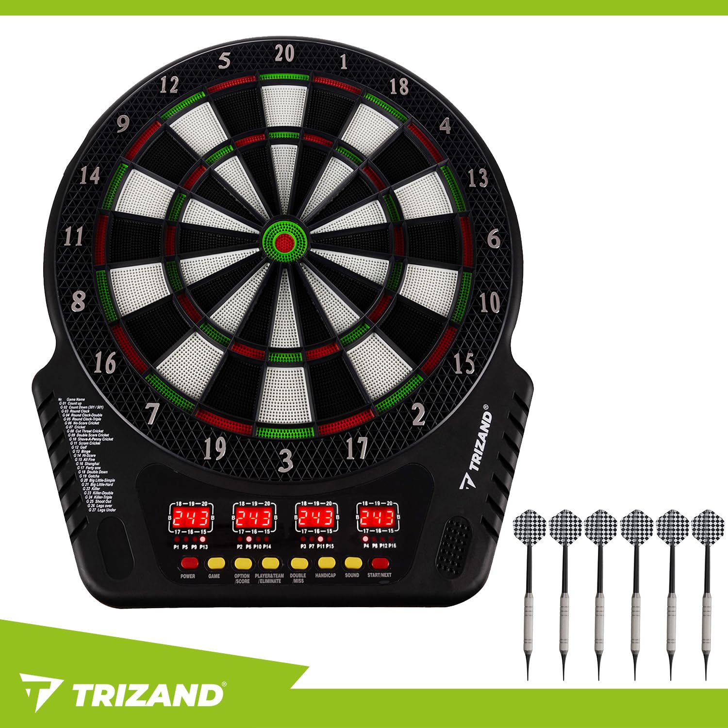 Diana electrónica TRIZAND – 27 juegos, 243 modos – 1 – 16 jugadores – 4 pantallas LCD – Volumen 8 niveles – Juego de puntas suaves: 6 dardos + 24 puntas de repuesto – Red y pilas – Montaje en pared