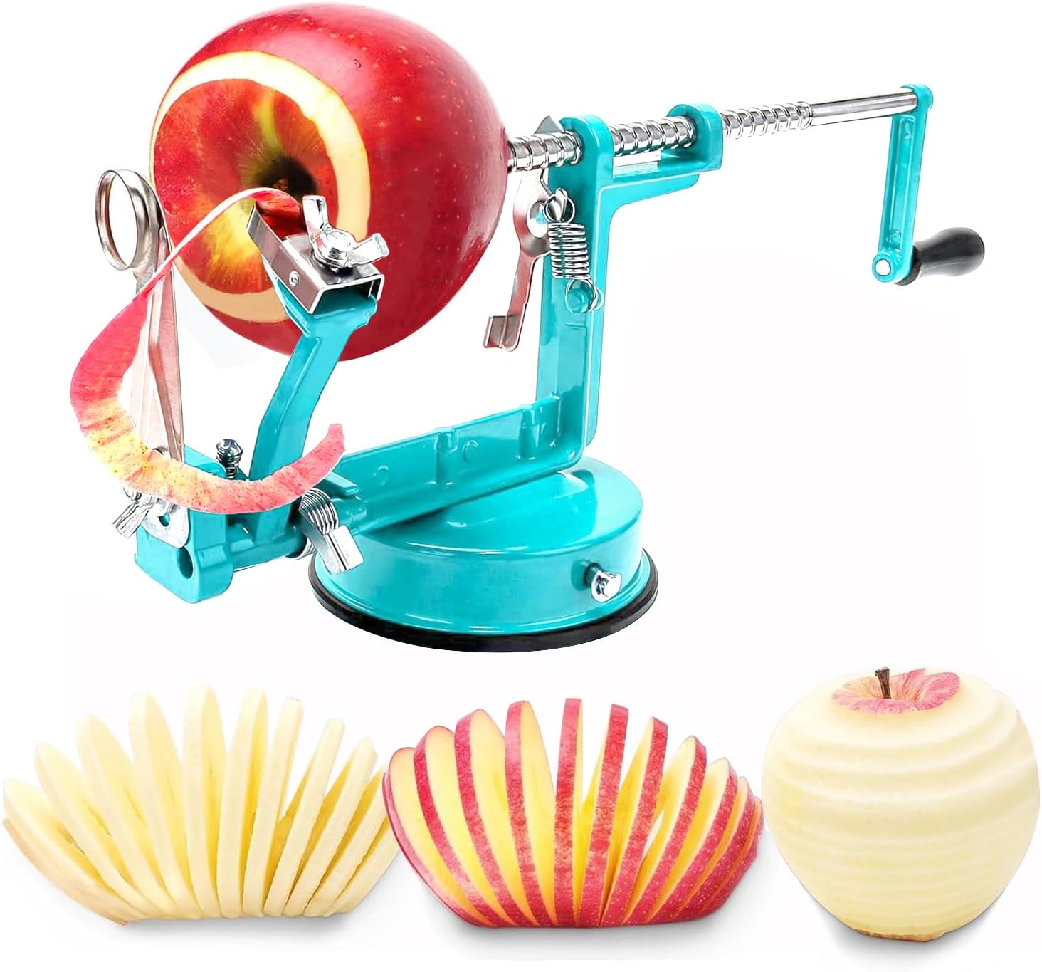 Apple Peeler Corer, 3 In 1 Apple Peeler Slicer Corer with Stainless Steel Blades and Powerful Suction Base for Apples and Potatoes(Teal)