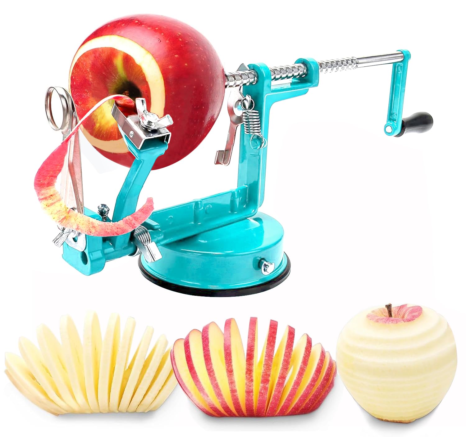 Apple Peeler Corer, 3 In 1 Apple Peeler Slicer Corer with Stainless Steel Blades and Powerful Suction Base for Apples and Potatoes(Teal)