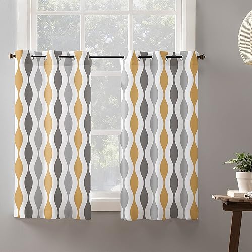 Paneles de cortinas para sala de estar, diseño geométrico moderno de mediados de siglo, color amarillo y gris, cortinas de ventana filtrantes de