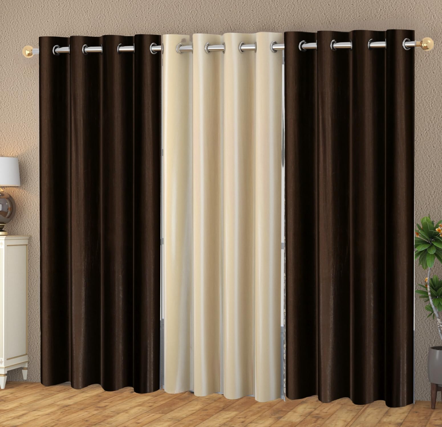 YUKANY Eyelet Polyester Modern Solid Crush Set of 3 Pcs. Door Curtains (7 Feet, 2 Coffee Brown + 1 Cream)