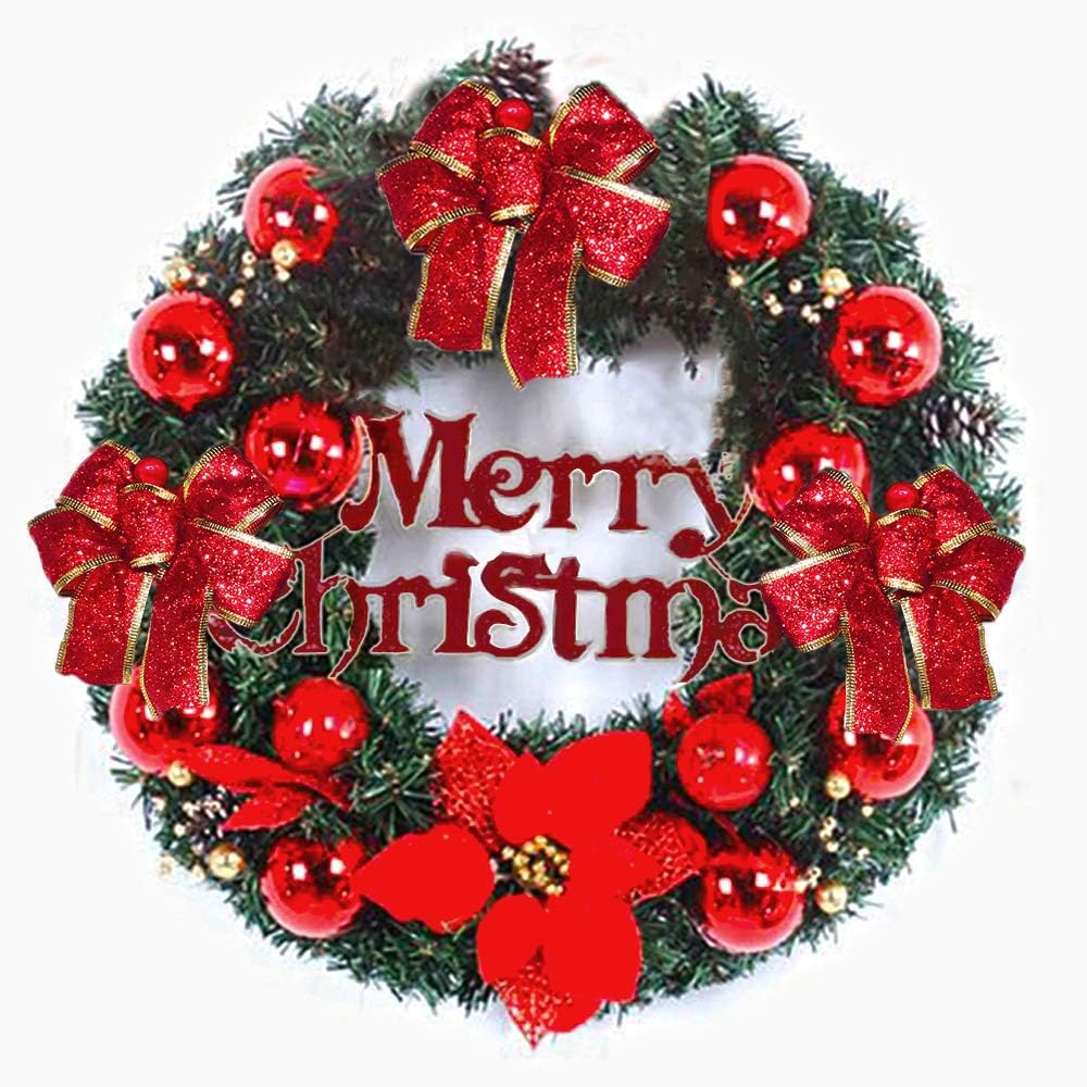 BSET BUY Christmas 40CM Wreaths Front Door Windows Wall Outdoor Merry Christmas Decorations Garland Artificial Pine Ornaments (Red & Green)