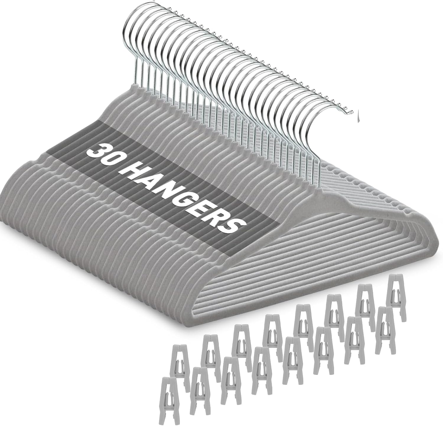 Velvet Baby Hangers with Clips (30 Pack) | 11” Ultra-Slim Baby Clothes Hangers | Non-Slip Felt | Space-Saving Nursery & Infant Closet Organizer | Gray