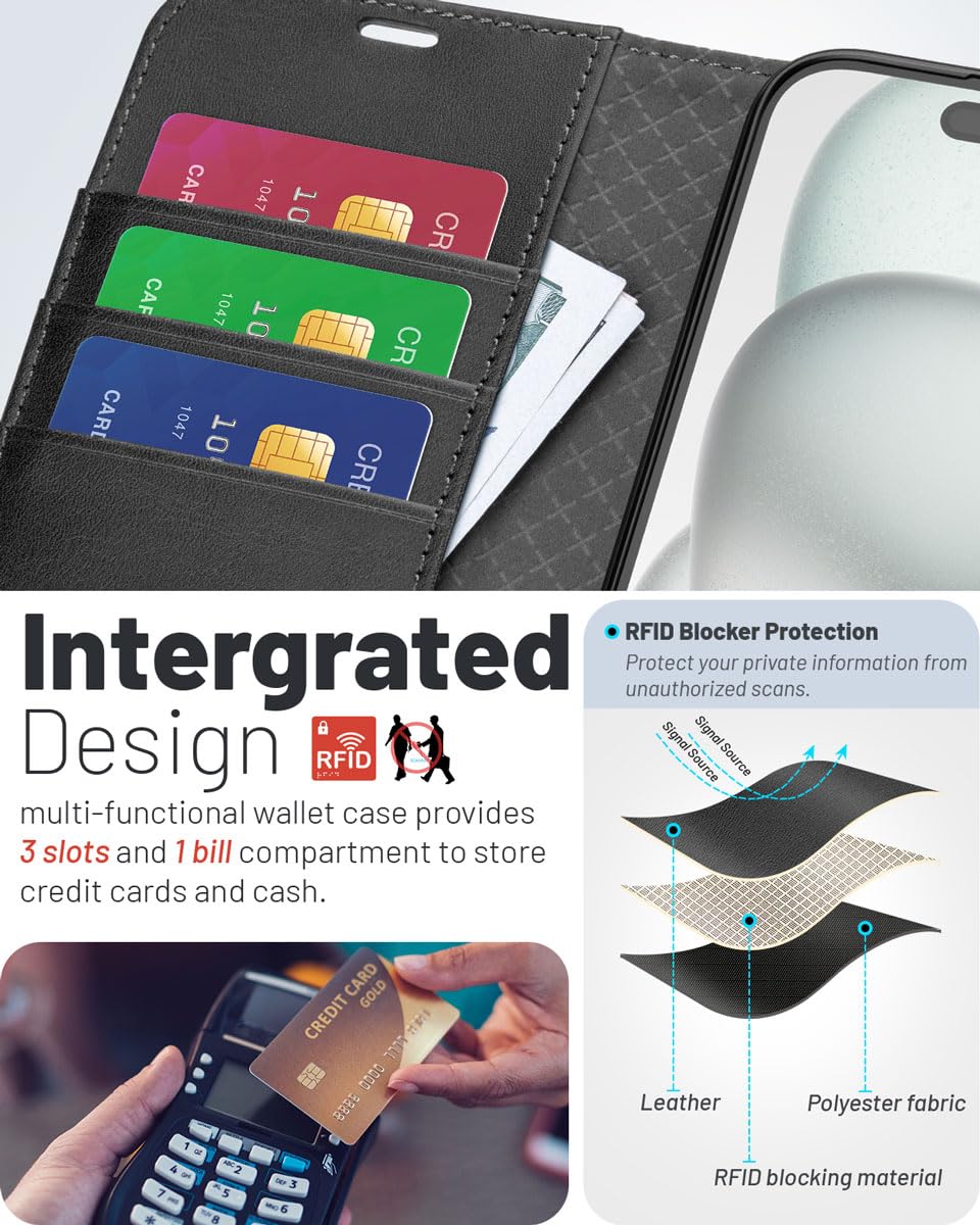 OCASE for iPhone 16 Pro Case, PU Leather Wallet, Magnetic Flip Folio Cover with RFID Blocking, Card Holders, Shockproof TPU - Image 3