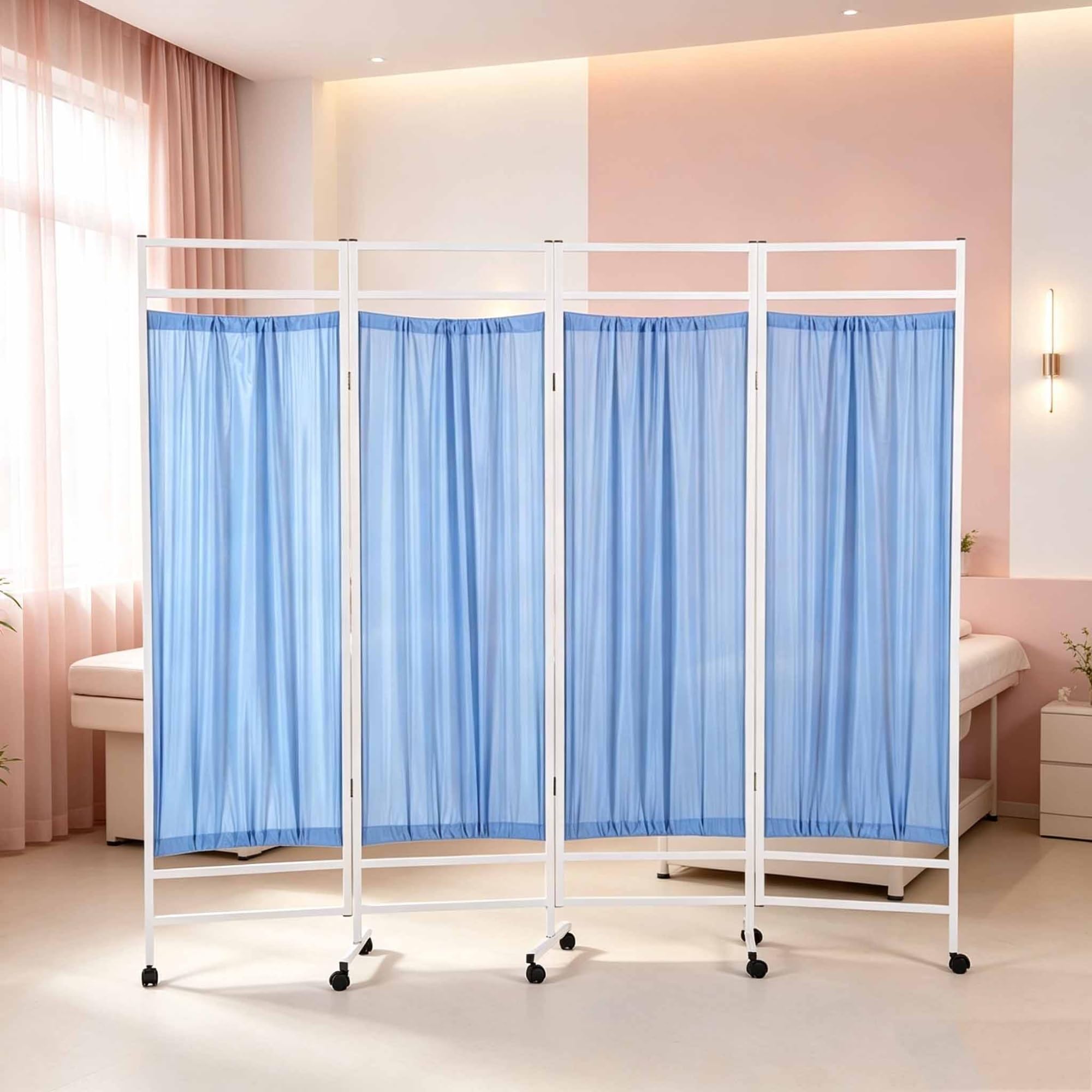 Divisorio mobile per ambienti medici con ruote | Struttura in ferro e tessuto di nylon, pannello divisorio temporaneo autoportante per ospedali cliniche(Blue,4-panel)