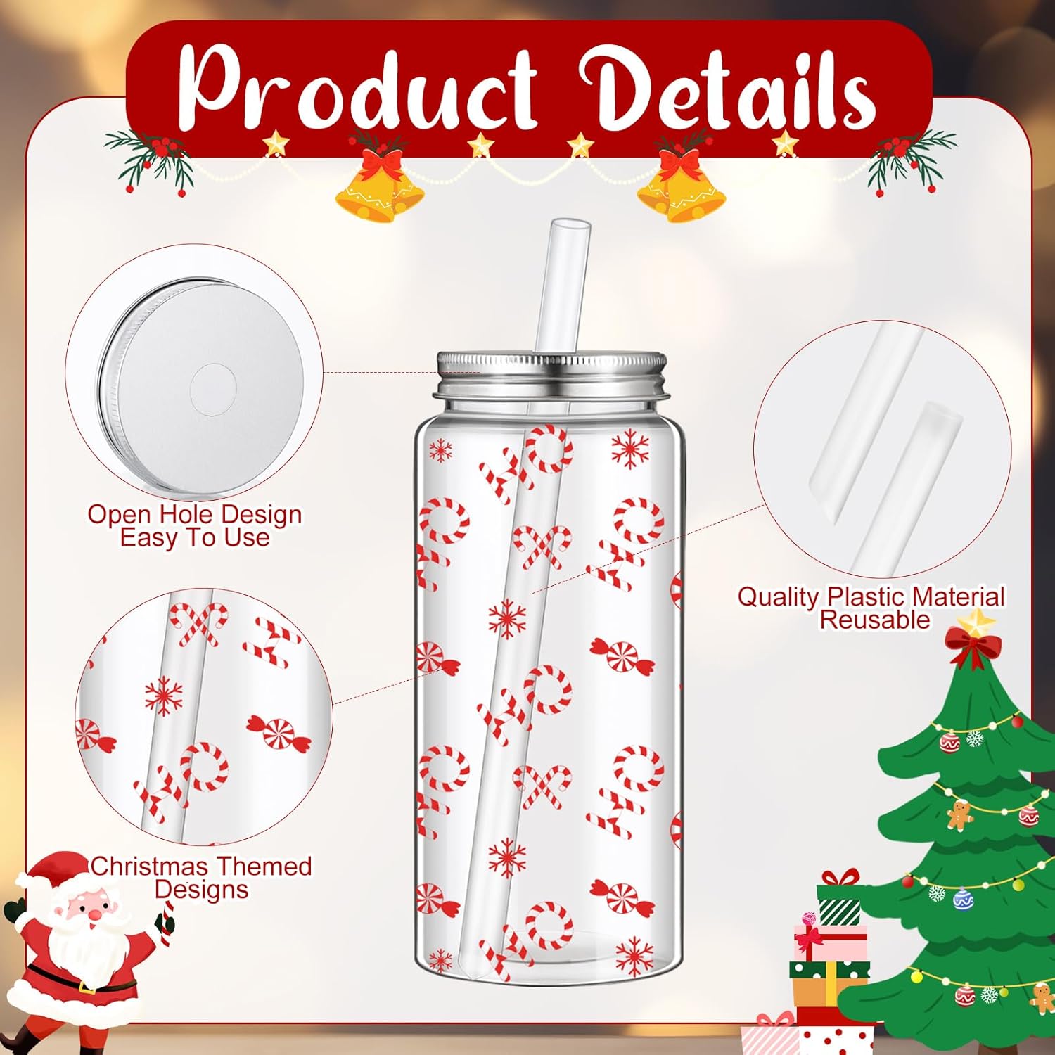 24 Pcs Christmas Plastic Cups with Lids and Straws Reusable 13.5 oz Clear Christmas Beverage Drinking Cups Xmas Trees Candy Snowflake Gingerbread Tumbler for Xmas Holiday Party Favor Supplies - Image 3