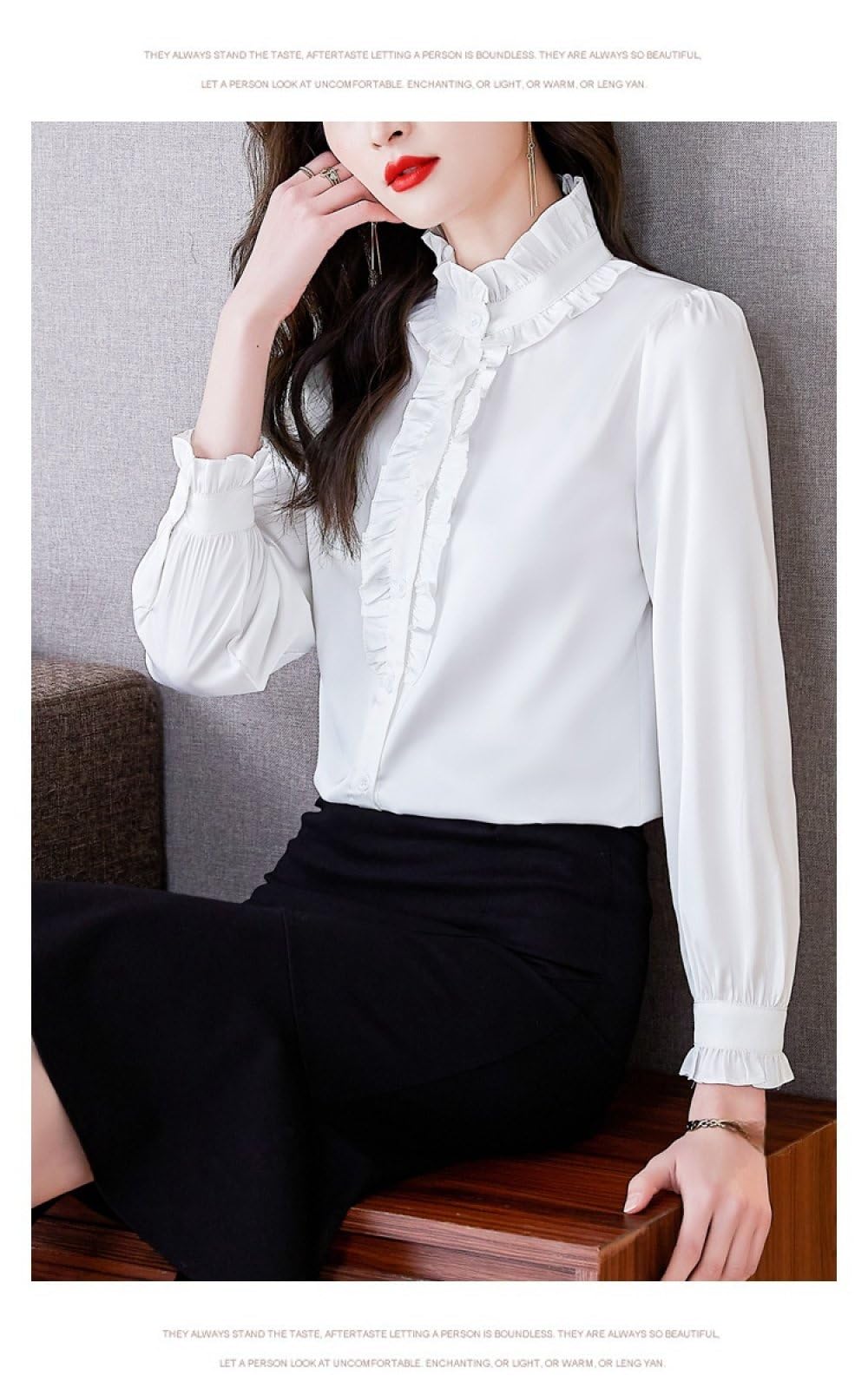 Langarm Satin Seidenhemden Für Damen,Weiße Strickjacke Mit Rüschenknöpfen,Jacke,Bluse,Oberteil,Lässig,Elegant,Schick,Arbeitsoberteile,Stilvolle Hemden