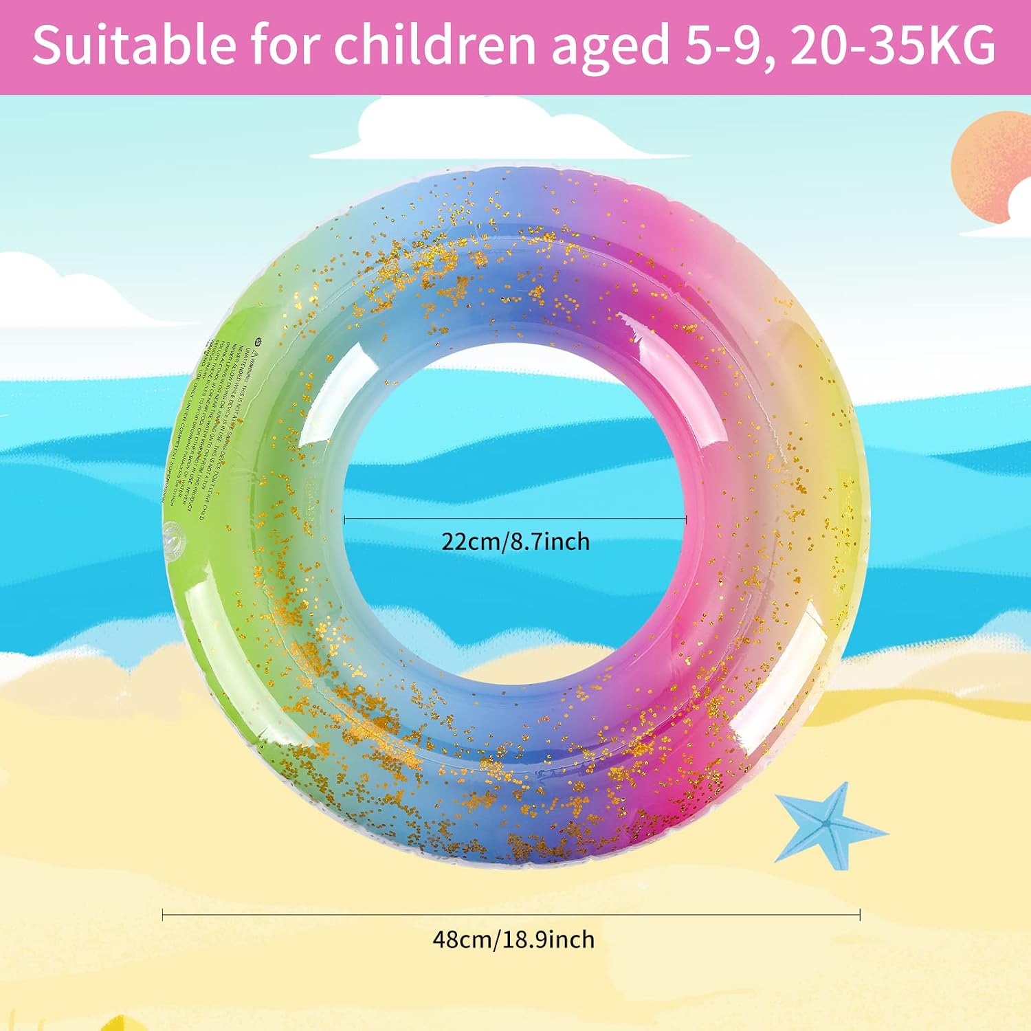27.5 Inch Swimming Ring for Kids Rainbow Floating Sequins Swim Ring Inflatable Pool Floats Inflatable Glitter Filled Swim Ring Summer Swimming Pool Tube Beach Water Sports Party Toys (Rainbow) - Image 3