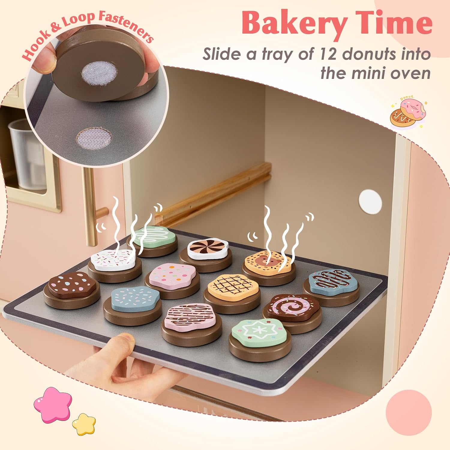 Child placing donuts on a baking tray into the oven