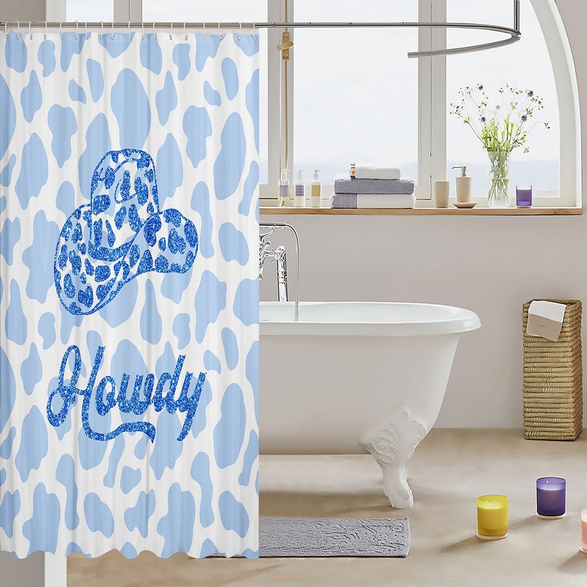 Cortina de ducha de vaquera occidental, con estampado de piel de vaca azul y blanco, decoración de habitación de niños, niñas y adultos, cortina impermeable de piel de vaca con purpurina, 72 pulgadas