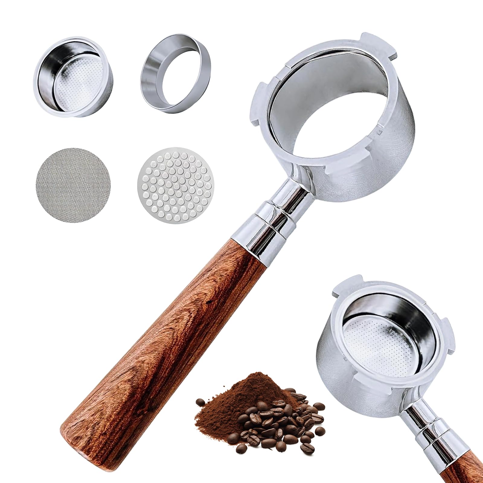 51mm Siebträger ohne Boden,3 Ohren,professioneller Espresso-Siebträger für DeLonghi EC680/EC685/EC885, inklusive Pucksieb,Espresso-Dosiertrichter,Doppelschuss-Filterkorb (1 Griff + 2 Filter + Ring)