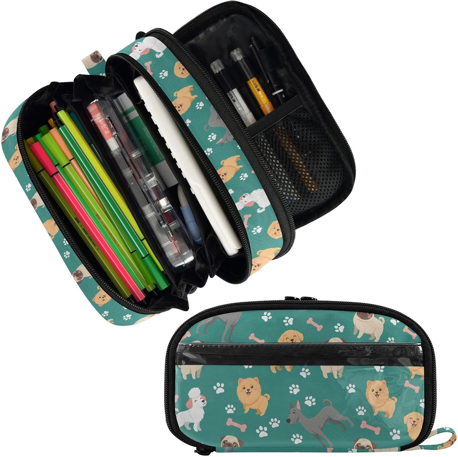 ALAZA Dog Paw Print Bone Pattern Large Capacity Pencil Case, Aesthetic Stationery Organizer Bag with Clear PVC Window, High Capacity Pen Pouch with Dividers for School Office Travel image 2