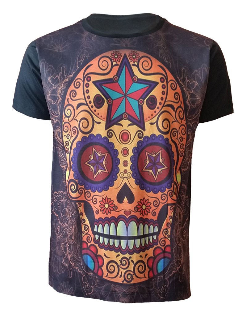 Sugar Skull Men's T-Shirt Metal Rock Tribal Mexican Skull Music Day of Death TOP (XXXL) Black