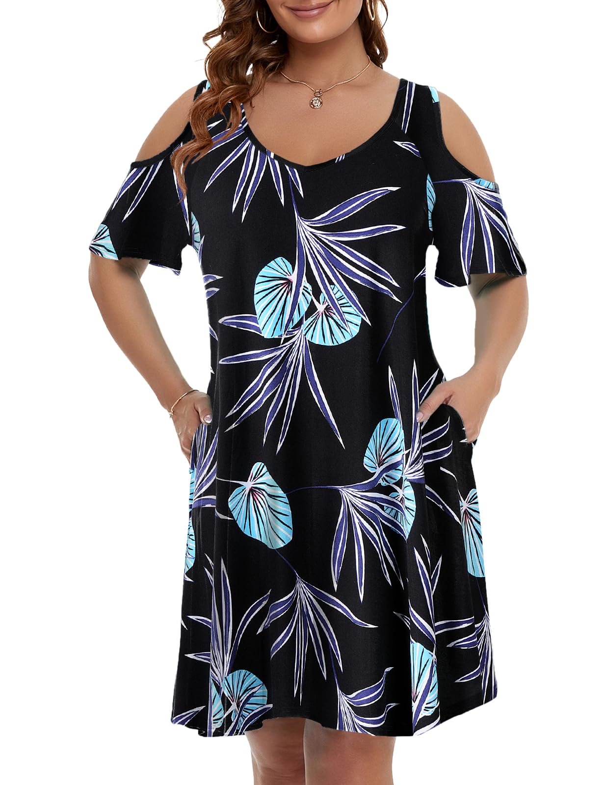 JollieLovin Womens Plus Size Short Sleeve Cold Shoulder V Neck T-Shirt Dress with Pockets