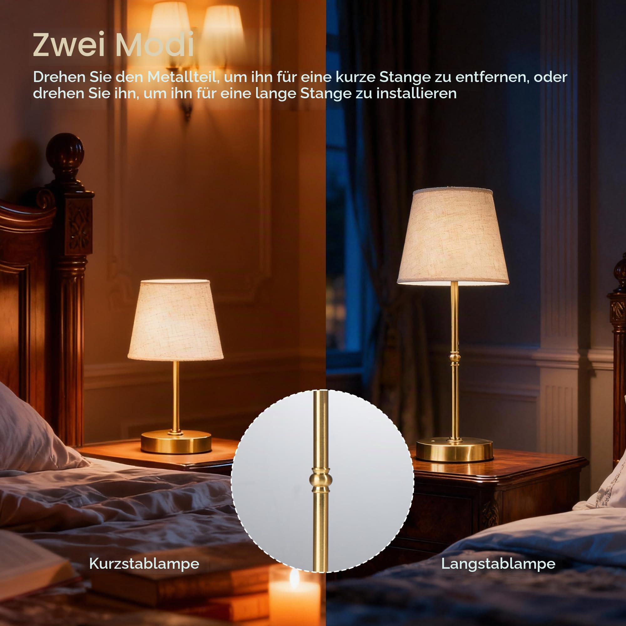 Vintage Akku Tischlampe Kabellos, Wiederaufladbare Stoffschirm Tischlampe Gold mit 6000mAh Akku, Stufenlos Dimmbar, Touch-Steuerung, USB-C LED Tischlampe für Schlafzimmer, Wohnzimmer, Esstisch