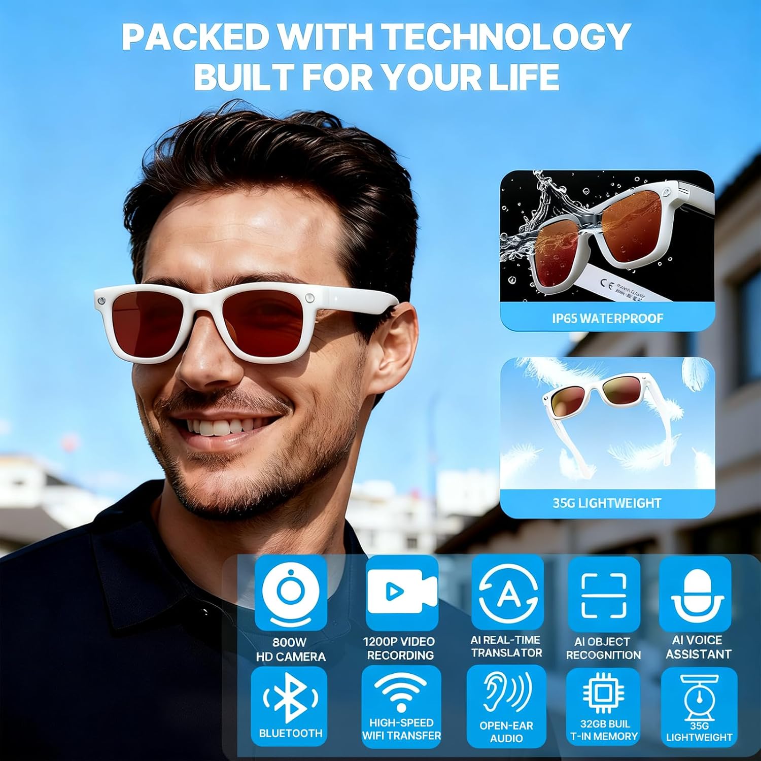 Sunglasses with Camera for Women, Bluetooth Smart Video Recording 8MP 1200P HD UV400, AI GPT Voice Assistant POV Glasses for Beach Vacation Travel Outdoor Sports, Open-Ear Audio Dual-Mic Call 32G
