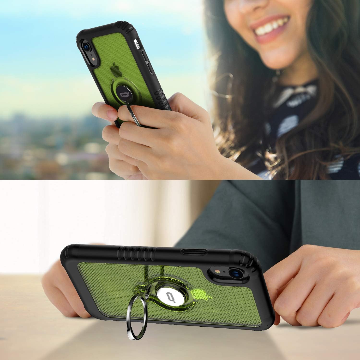 ICONFLANG Phone Case Compatible for iPhone XR 6.1" with Ring Kickstand 360 Degree Rotating Drop Airbag Protection Shock Absorption Case [Compatible Magnetic Car Mount case] (Green)