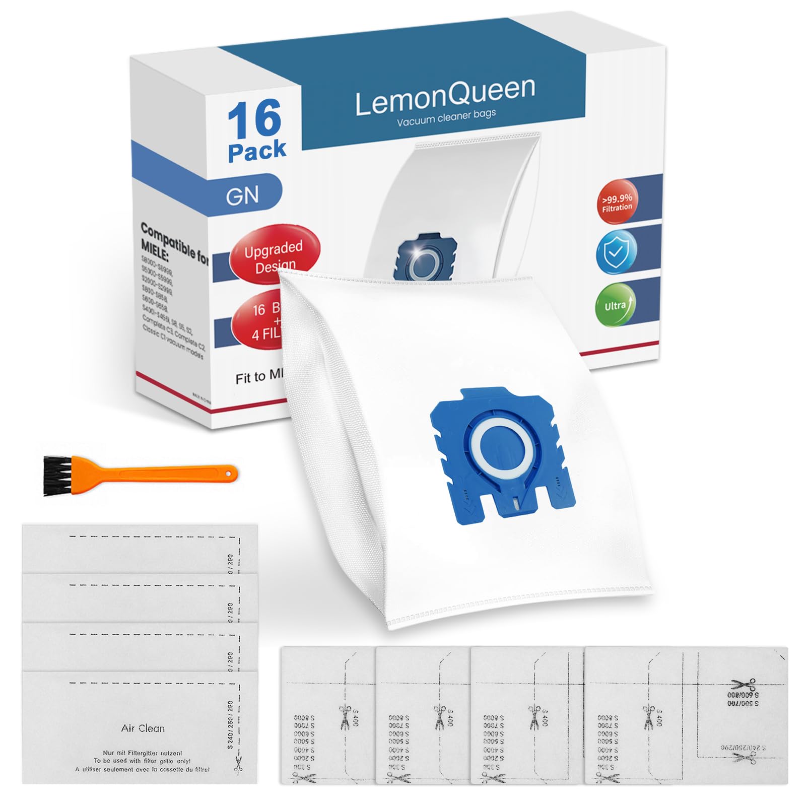 Upgraded 16 Pack 3D Airclean Dust Bags Replacement for Miele GN Vacuum Cleaner Bags for Miele Classic C1, Complete C1 C2 C3, S227, S240, S270, S280, S400, S2, S5, S8 Series Airclean Bags