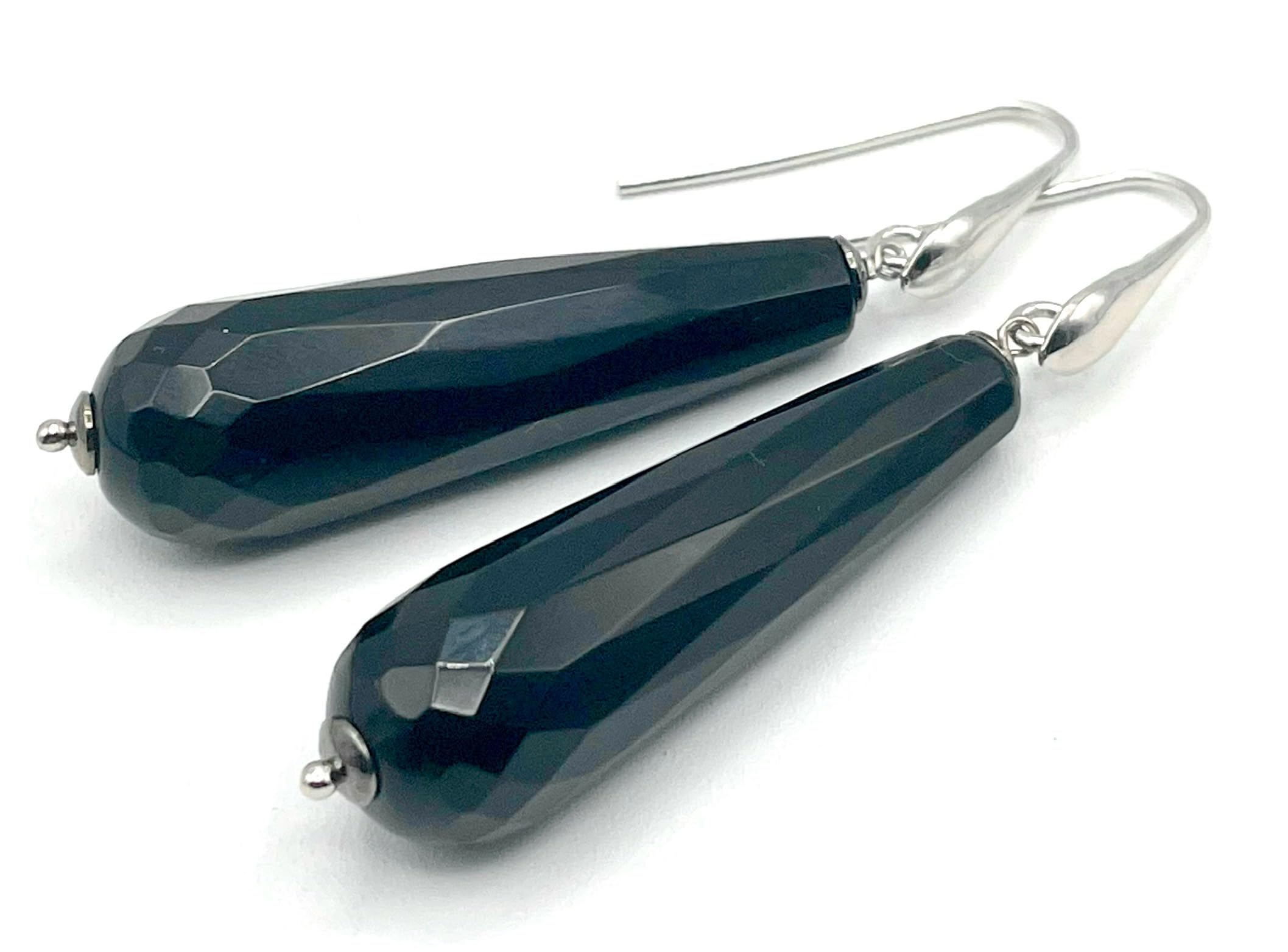 Orecchini con Gocce di Onice Nero Sfaccettato, Pendenti in Argento 925, Made in Italy, Gioielli Pietre Dure, Regalo per Lei