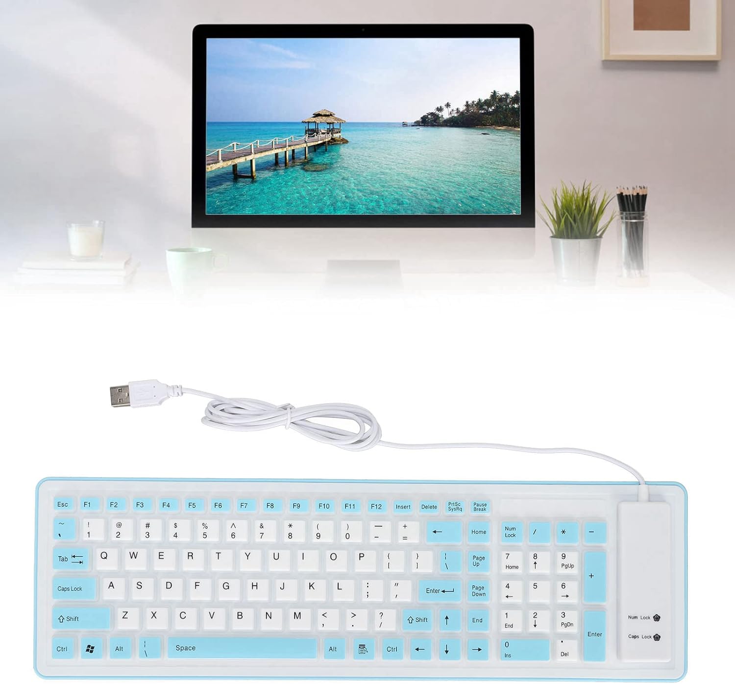 Sanpyl USB Wired Foldable Silicone Keyboard, 103 Keys, Blue, Mute, PC Laptop