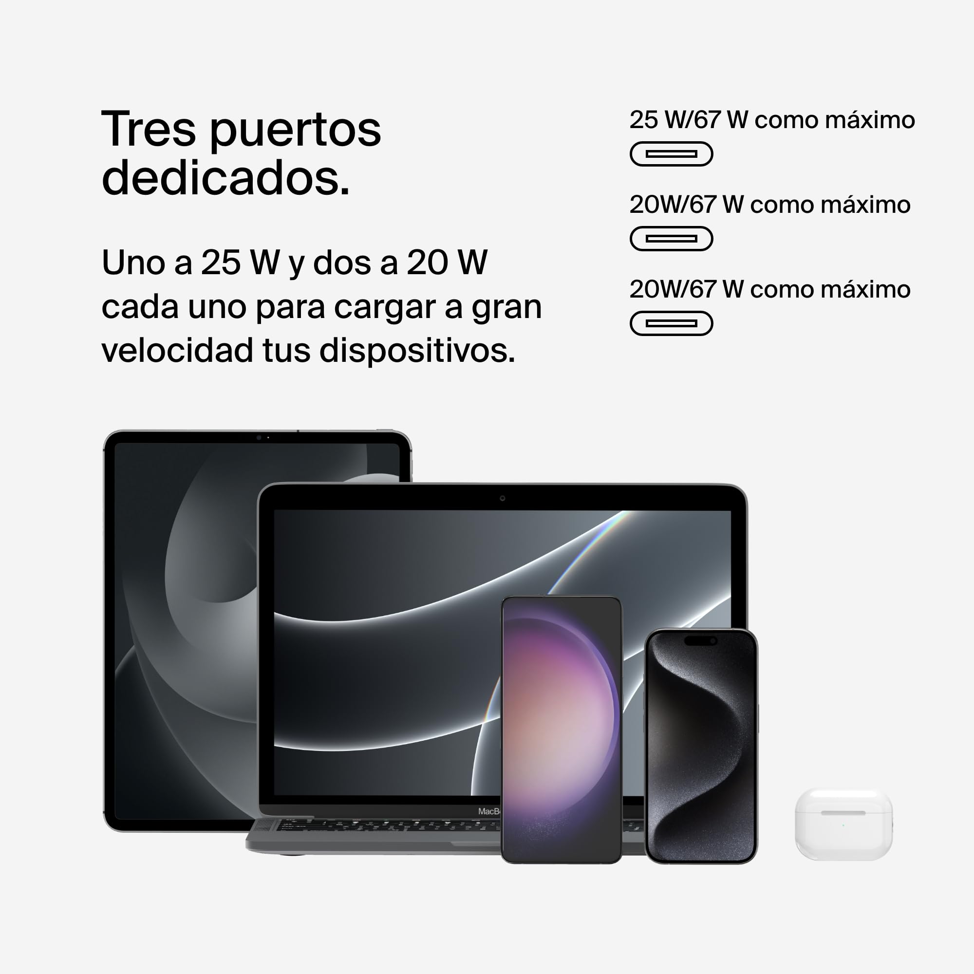 Belkin Cargador de Pared con 3 Puertos USB-C y PPS a 67 W BoostcCharge Pro, Carga rápida USB-C PD 3.1 para la Serie iPhone 16, 15, MacBook Pro, AirPods, Galaxy y Otros con Power Delivery, Blanco