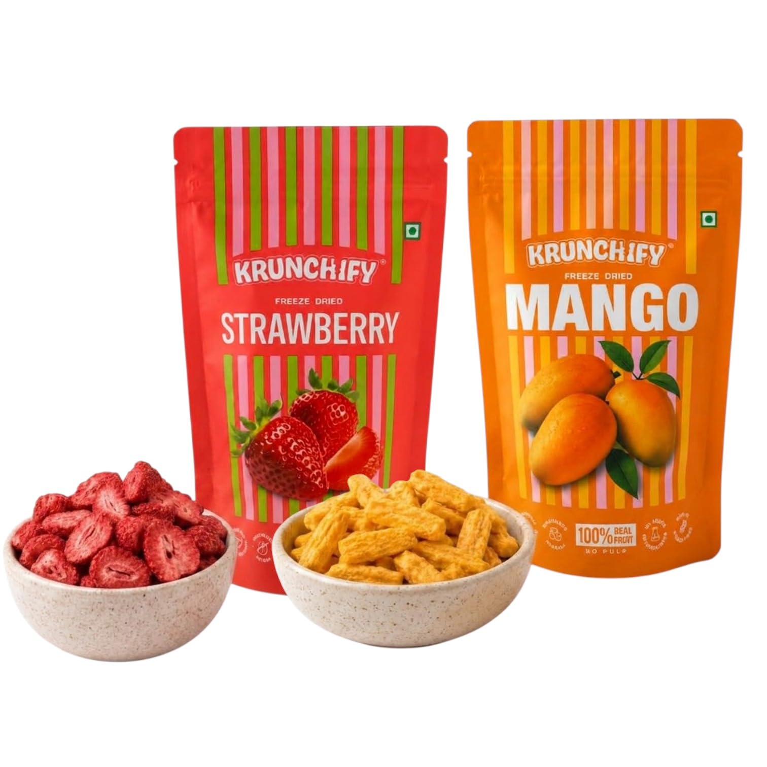 Krunchify Freeze Dried Fruit Mango & Strawberry Combo Pack | No Added Sugar, No Preservatives | 100% Vegan & Healthy | Serving - 16g Each