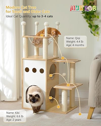 Miniatura 2 de Árbol moderno para gatos, torre de madera para gatos de 42.5 pulgadas con condominio de 2 pisos, muebles para gatos con postes rascadores para