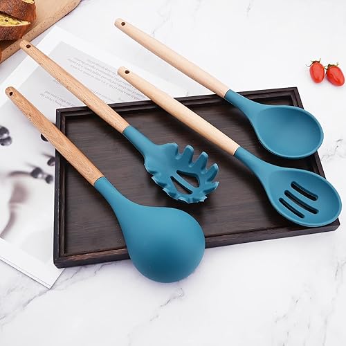 Miniatura 5 de BRIIEC Juego de 12 utensilios de cocina de silicona antiadherente, mango de madera, utensilios de cocina de silicona con soporte, resistente al