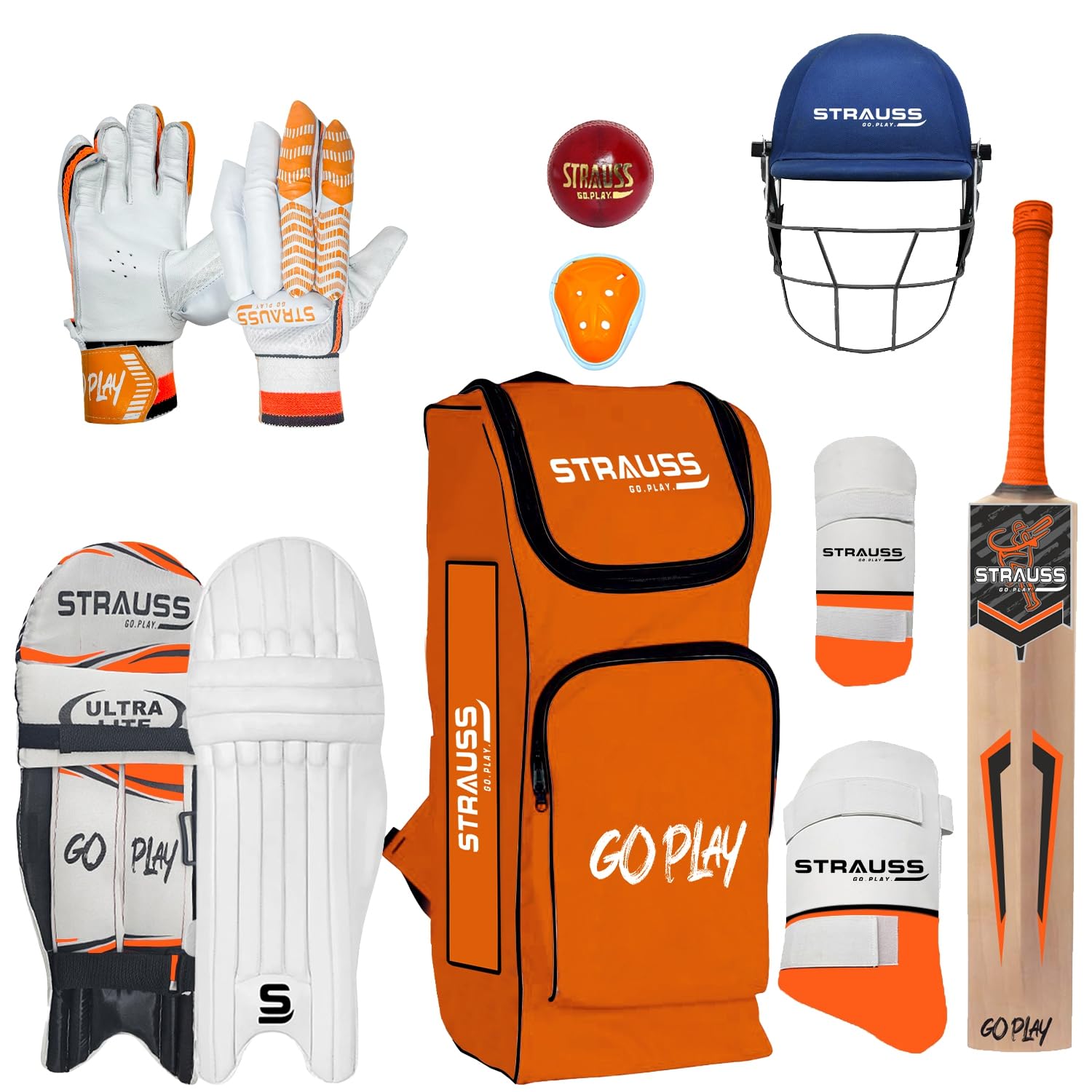 Strauss Kashmir Willow Right Hand Leather Cricket Kit | Size: Full Size | Ideal for Age 13+ | Cricket Accessories for Boys | for Training & Matches | Set of 9 | Includes Leather Cricket Ball,(Orange) (B0D7VQCL4F) Amazon Price History, Amazon Price Tracker