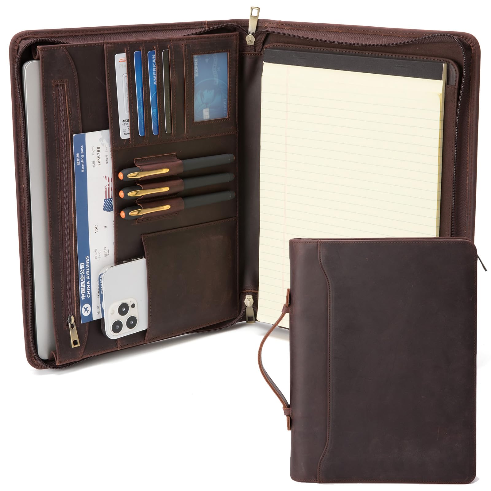 Geslun Genuine Leather Portfolio with Hidden Handle, Front Pocket, Business Padfolio Tablet/13” Laptop Organizer, Folio Document Cell Phone Holder,