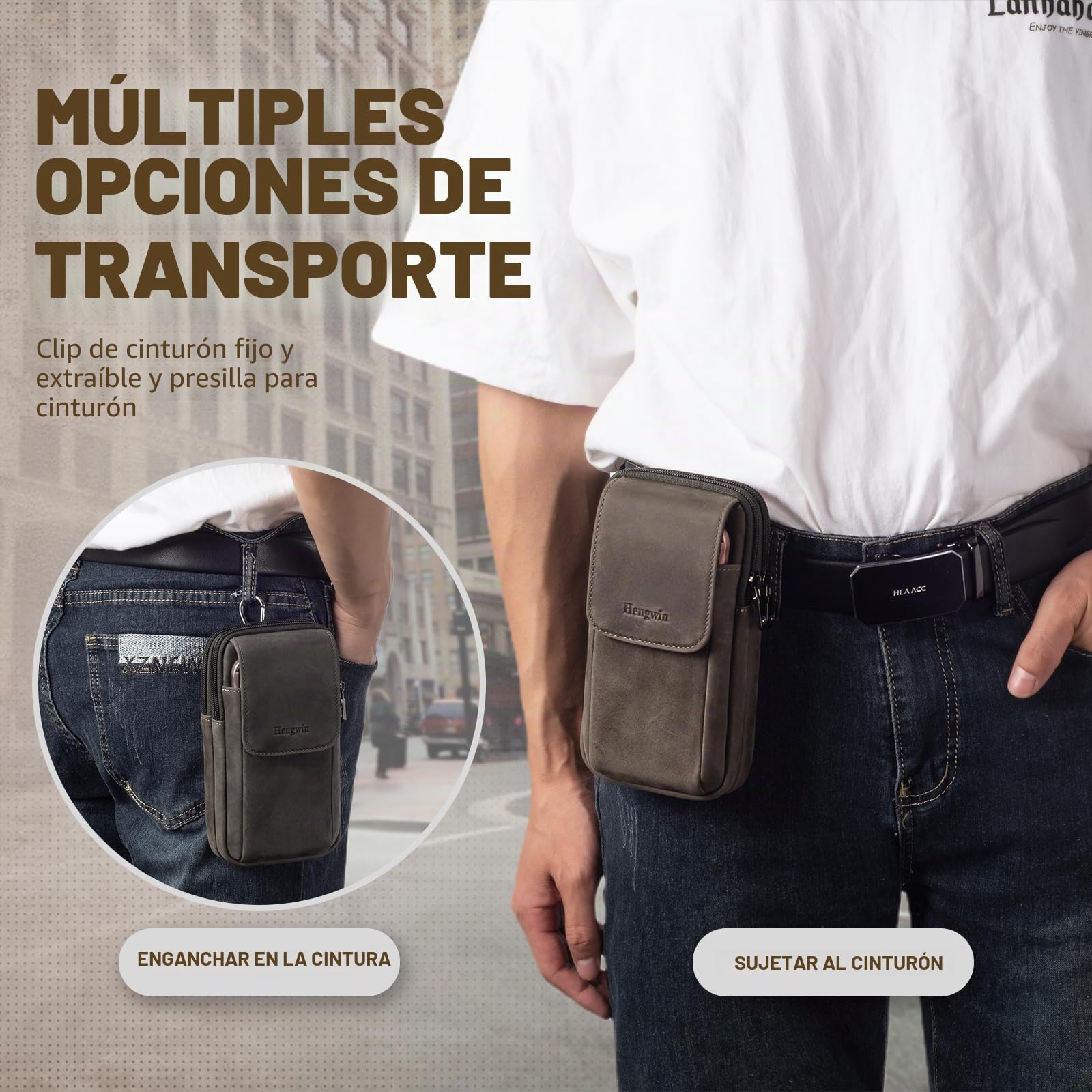 Cuero Genuino Bolsa para móvil, Bolsa de Cinturón, Funda Movil Cinturon para Hombre, Fundón de Teléfono, Bolso Cintura con Presilla (Grey)