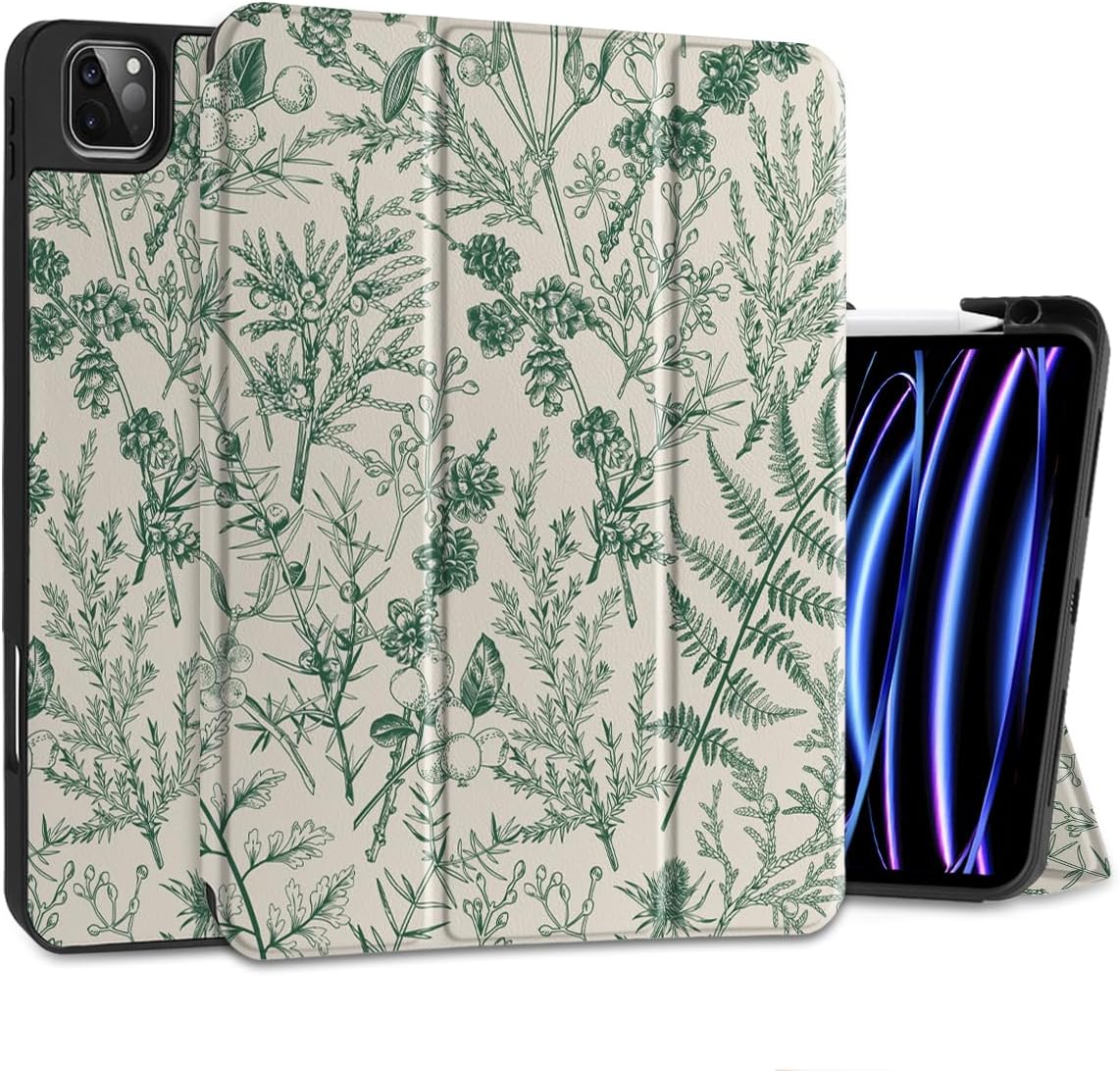 DONGKE Case for iPad Pro 12.9 inch 6th Generation 2022, Built-in Pencil Holder + Trifold Stand + Auto Wake/Sleep + Protective Cover for iPad Pro 12.9 5th/4th/3rd Gen- Plant & Berry