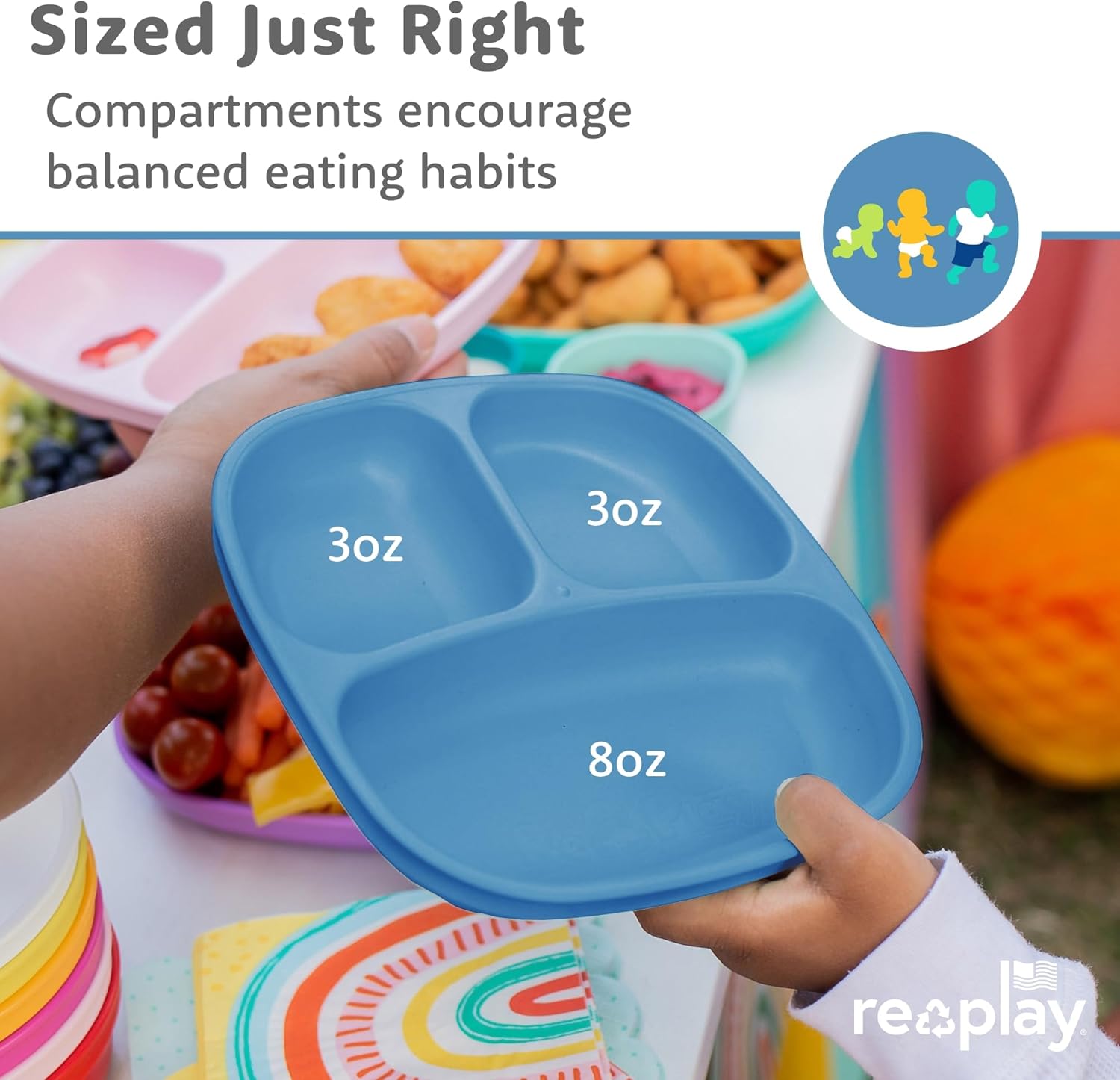 Re-Play Toddler Plates with Dividers - Deep-Walled 3 Compartments Divided Plates for Kids - Dishwasher & Microwave Safe - Made in USA - Set of 4-7.37" x 7.37" x 1.25" - Denim - Image 8