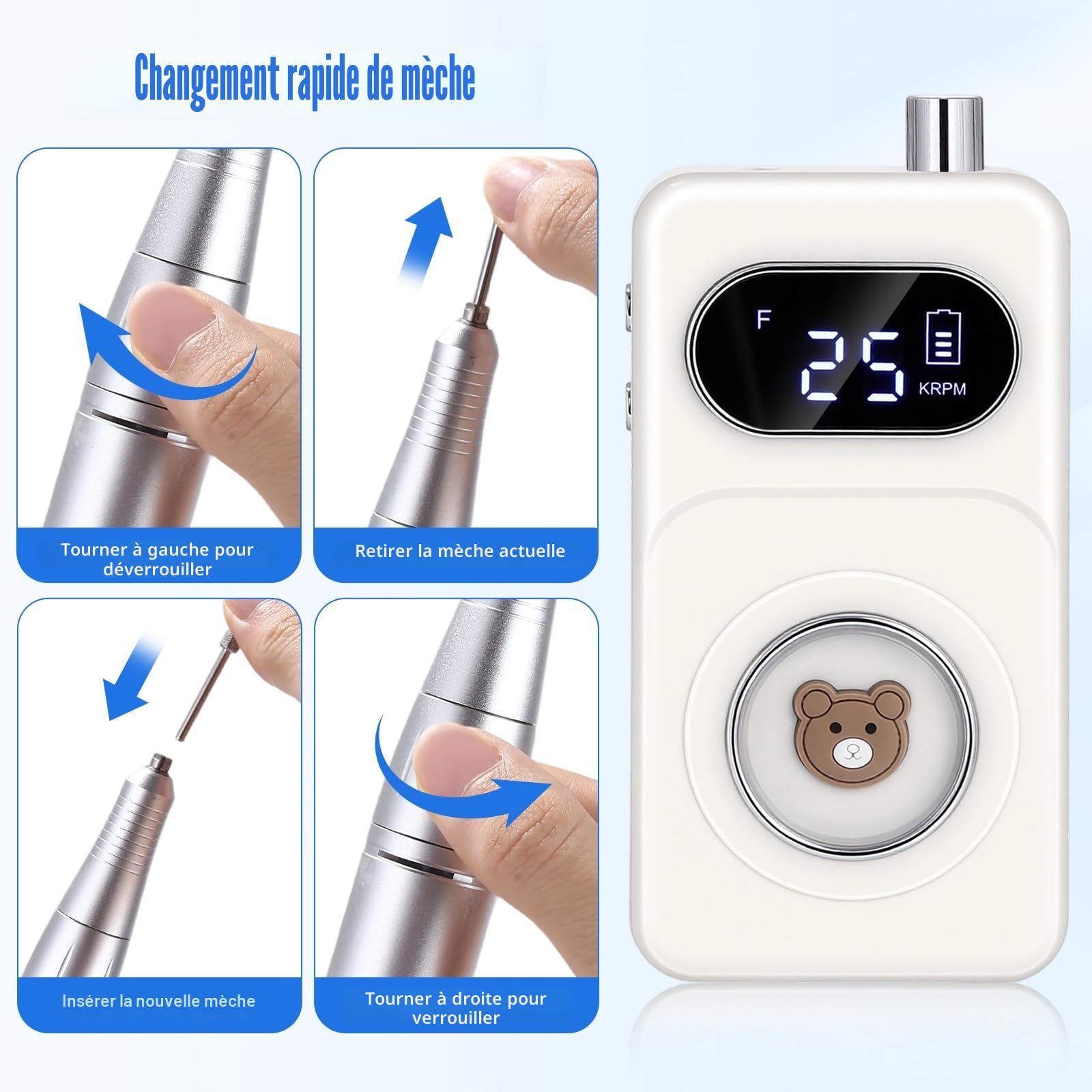 Ponceuse pour Ongles Professionnel 45000 tr/min Vitesse Réglable F/R Electrique Rechargeable avec 6 Embouts et Affichage de LCD Puissante Silenceuse pour Manucure Pédicure Salon, Usage Maison