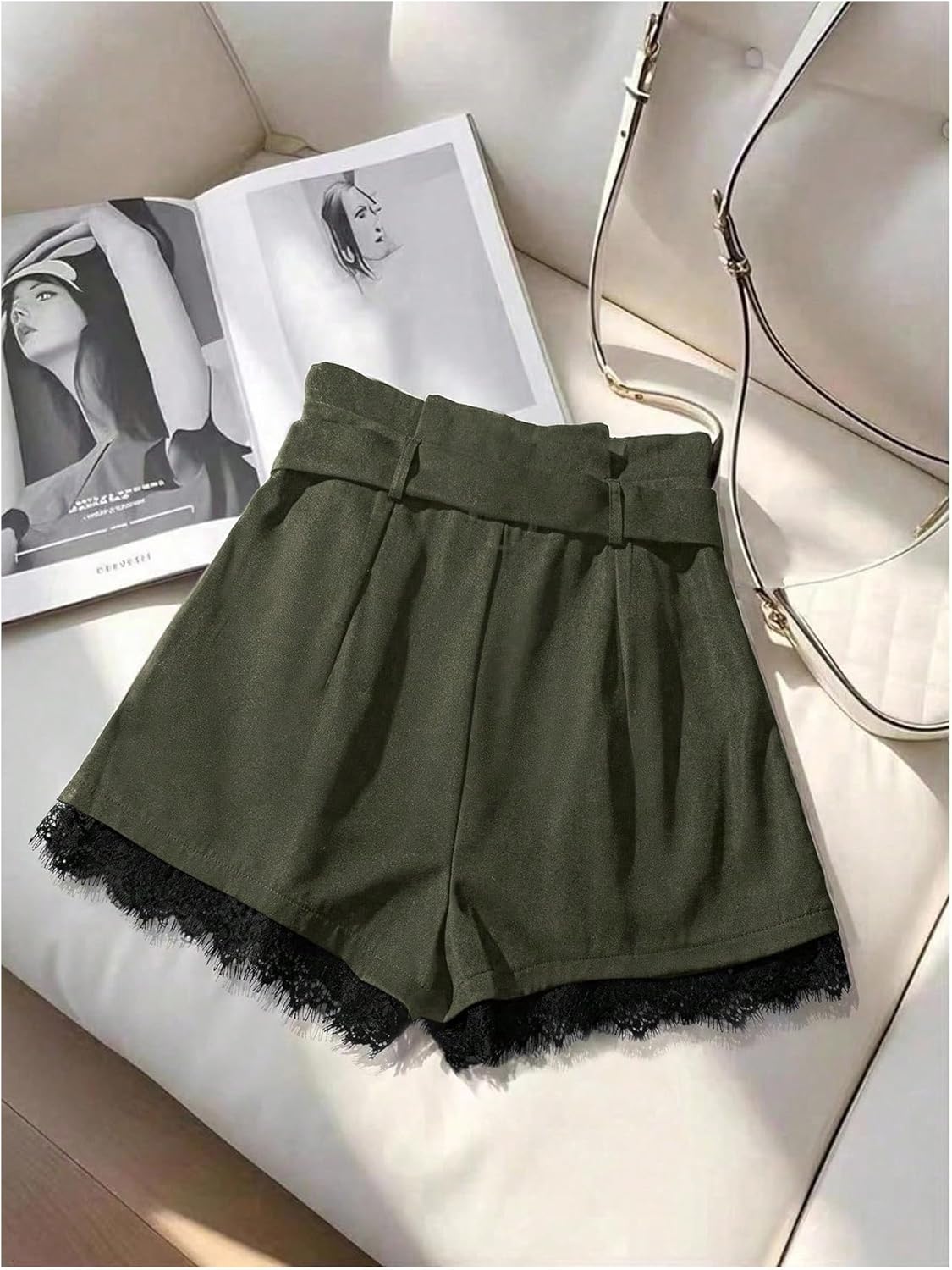 GORGLITTER Women's Pleated Lace Belted Dress Shorts Wide Leg Tailored Formal Dressy Work Shorts with Pockets