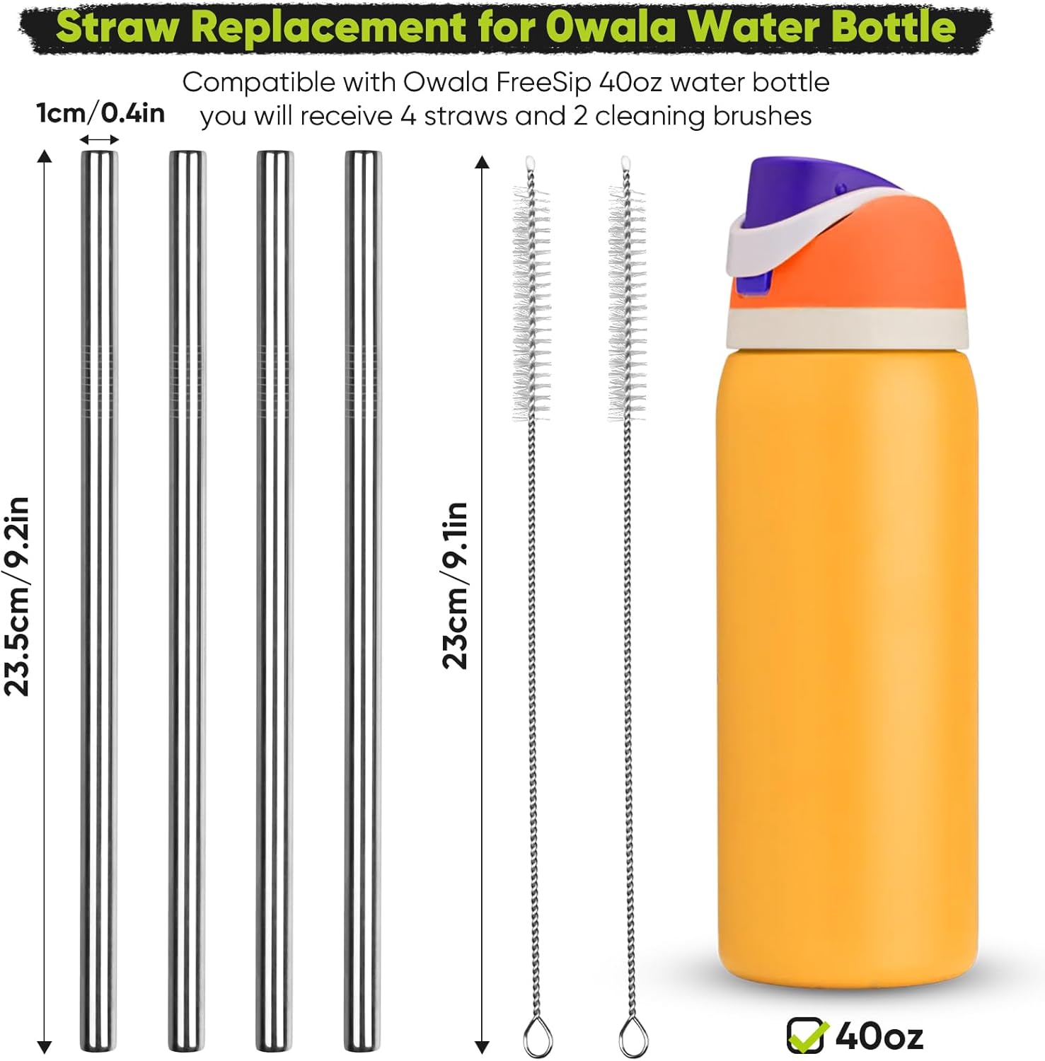 4 PCS Metal Replacement Straws for Owala Water Bottle 40 oz, With 2 Cleaning Brush, Reusable Stainless Steel Straws Compatible With Owala Water Bottle - Image 2