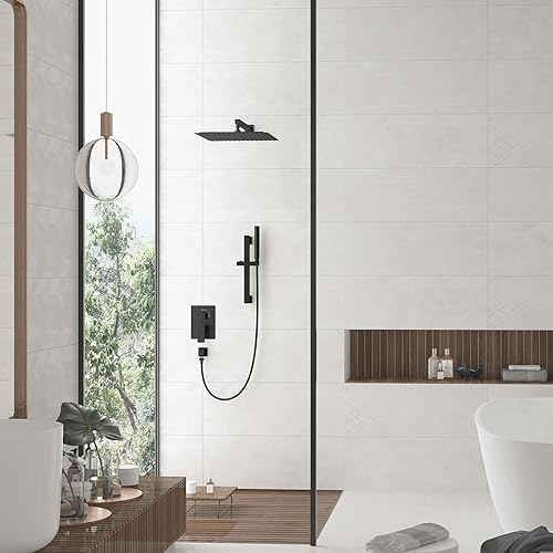 Miniatura 2 de Hoimpro Sistema de ducha negro mate de 12 pulgadas con barra deslizante ajustable, cabezal de ducha de lluvia cuadrado y varita montado en la pared,