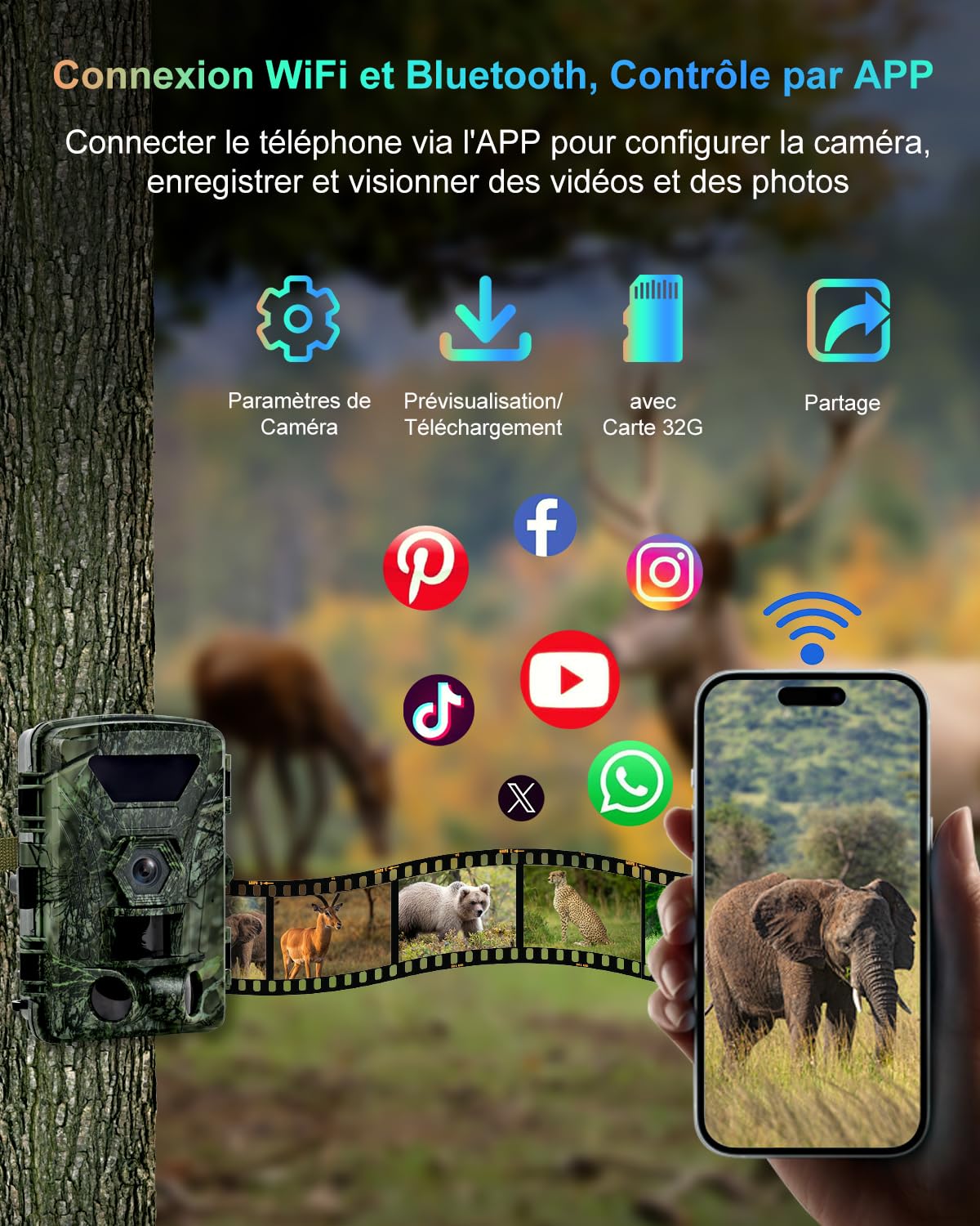 Camera de Chasse, Camera Chasse WiFi 8K 60MP, 120 ° Piege Photographique Infrarouge Détecteur de Mouvement, Vision Nocturne Caméra IR pour Animaux Sauvages avec Carte SD 32GB