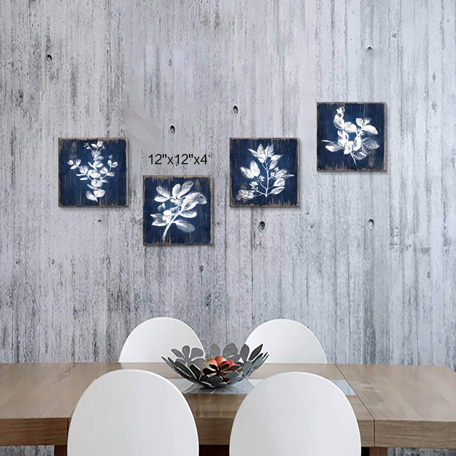 Hardy Gallery White Botanical Wall Canvas Art: Artistic Plant Picture Dark Blue Background Painting for Bathroom (12 x 12 x 4 Panels)