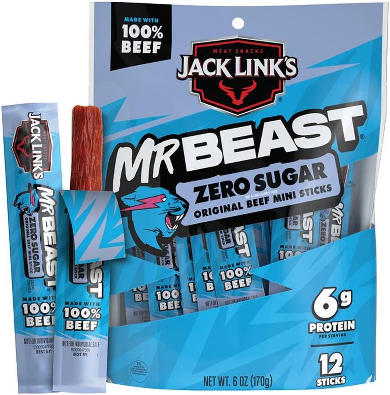 Jack Link’s x MrBeast Zero Sugar Mini Beef Sticks – 6g Protein per 2 Individually-Wrapped Meat Sticks, Made with 100% Real Beef, Perfect for School Lunches, Kids Snacks, 12 Count of .5oz Sticks