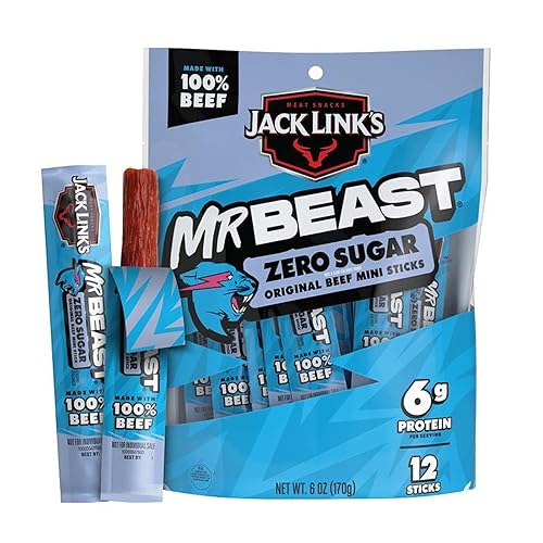 Jack Link’s x MrBeast Mini Palitos de Ternera Sin Azúcar – 6g de Proteína por 2 Palitos de Carne Envueltos Individualmente, Hechos con 100% Ternera