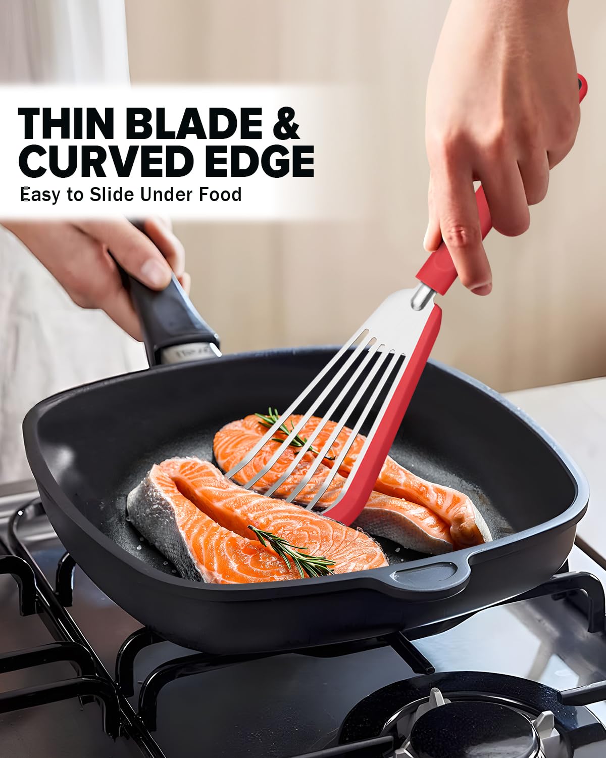 Juego de 2 espátulas de silicona para pescado, espátulas ranuradas finas para utensilios de cocina antiadherentes, resistentes al calor, flexibles, de acero inoxidable, para cocina, pescado, huevo,