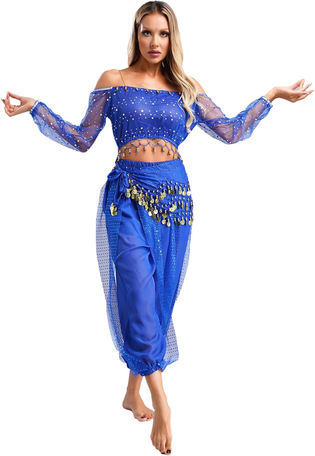 Jugaoge Women Belly Dance Costume Pants Sequin Shiny Harem Pants Bloomers Arabic Halloween Trousers