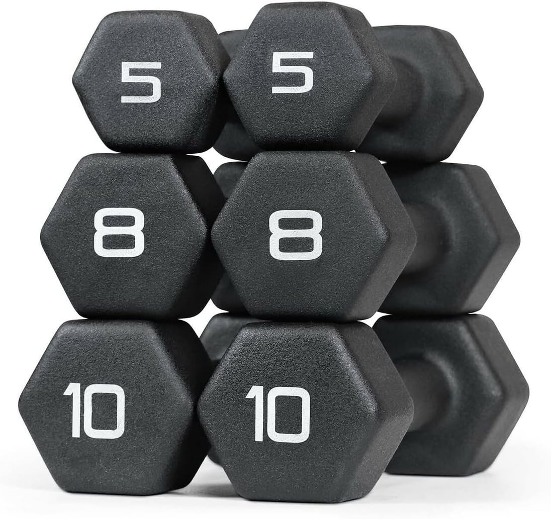 WF Athletic Supply Black Neoprene Dumbbell Set, Non-Slip & Hex Shape, Great for Muscle Toning, Strength Building & Weight Loss; Sizes, Dumbbells Only & w/Rack Options Available