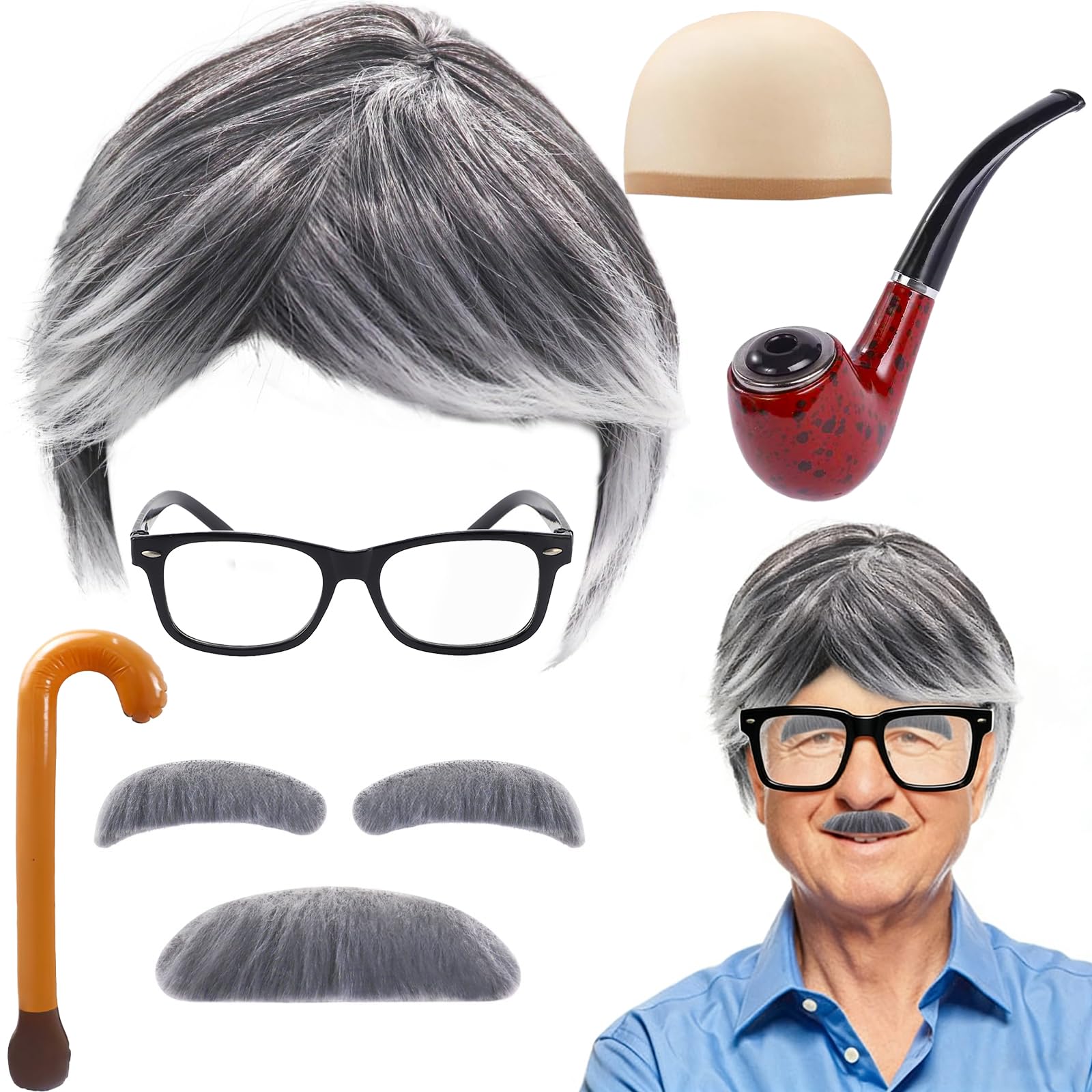 Old Costumes for Men Accessories - 7PCS Grandpa Costume Set including Wig Gray Mustache Eyebrow Inflatable Cane Glasses and Pipe, Grandfather Fancy Dress For Carnival Cosplay Retro 80s Party