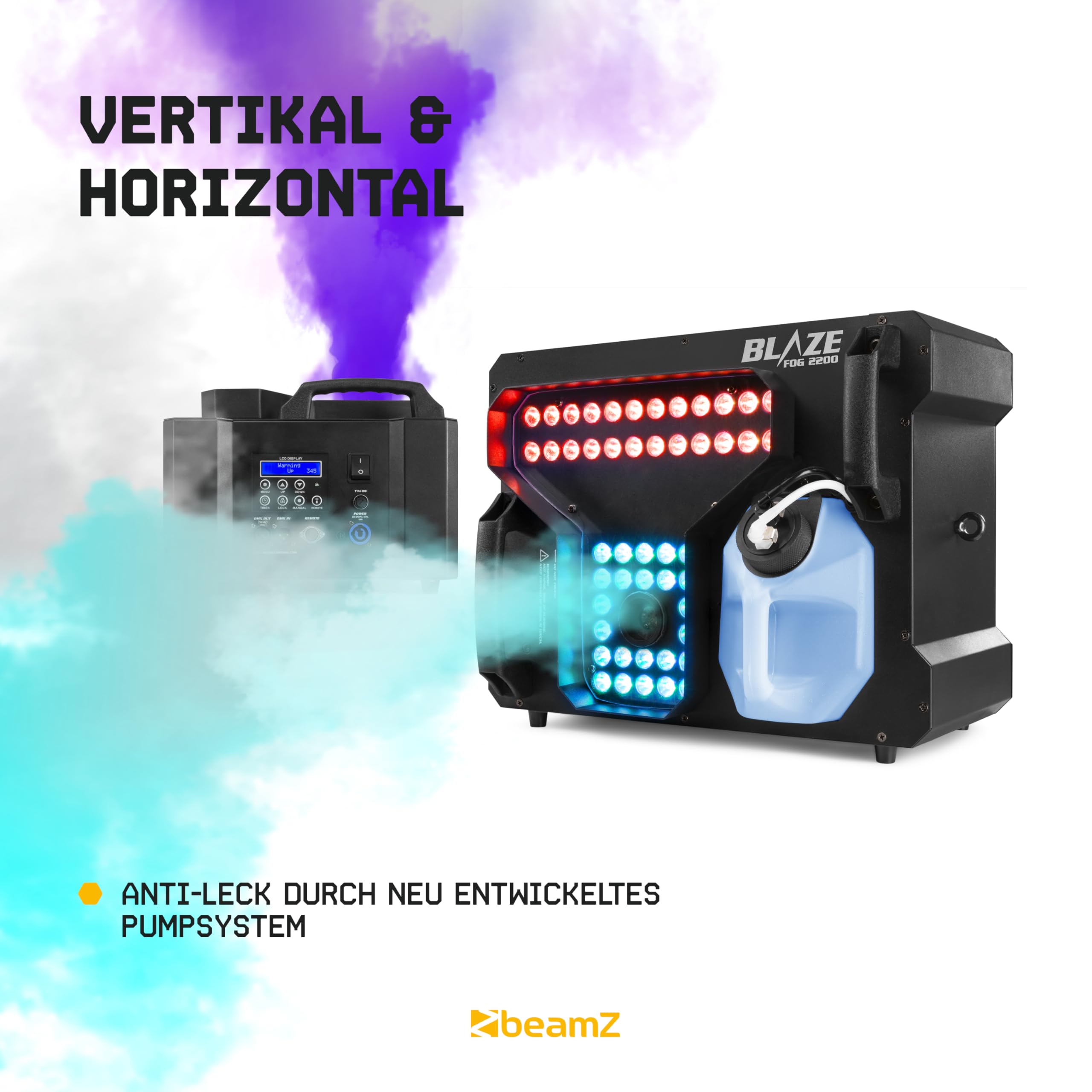 BeamZ Blaze2200 - Nebelmaschine mit Lichteffekt 2200 Watt, inkl. 10L Nebelfluid vertikal und horizontal Rauchmaschine mit 24x4W LED Spots, für professionelle Shows, Halloween, Hochzeiten, DJs, Partys