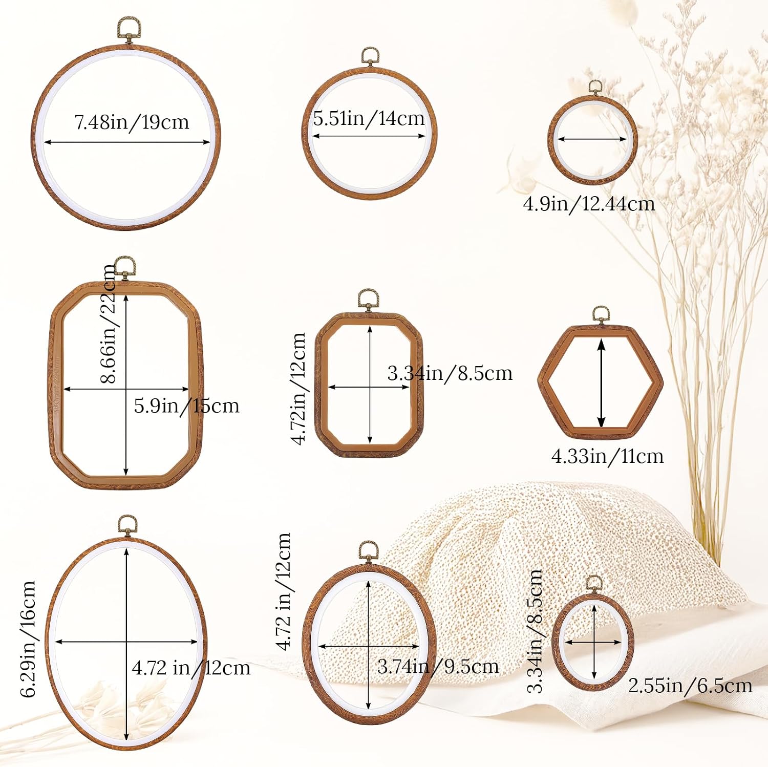Limbeuuu 9 Pcs Embroidery Hoop Set with Imitated Wood Frame, Plastic Embroidery Hoops for Craft Sewing, Circle Oval Octagonal Frame for Wall Display Decorative Ornaments