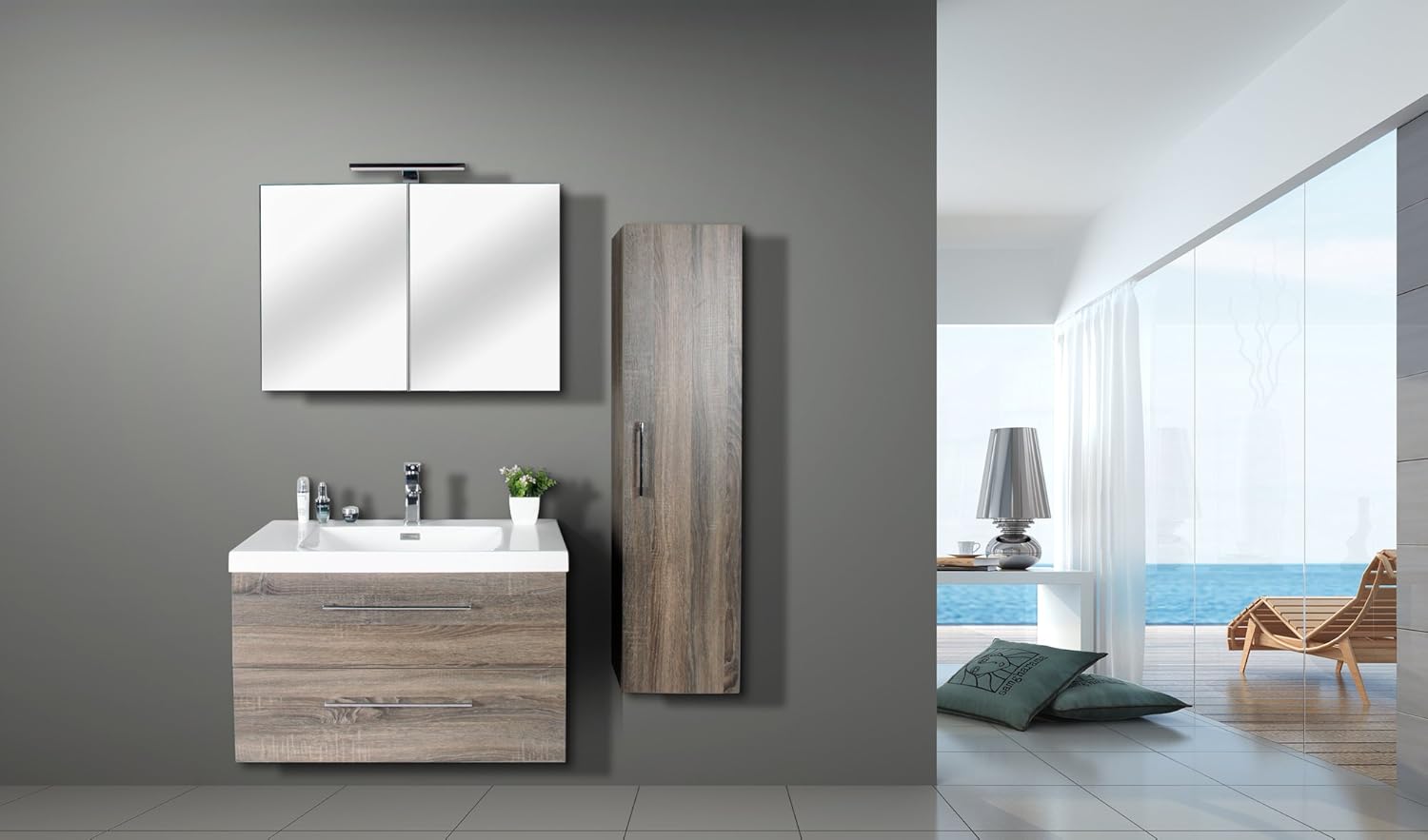 Jindoli Meuble Sous Vasque Salle De Bain 2 Tiroirs 80 Cm Meuble Sdb 80 X 46 X 48 Couleur Chene Californien Chene Clair Beige Amazon Fr Cuisine Et Maison