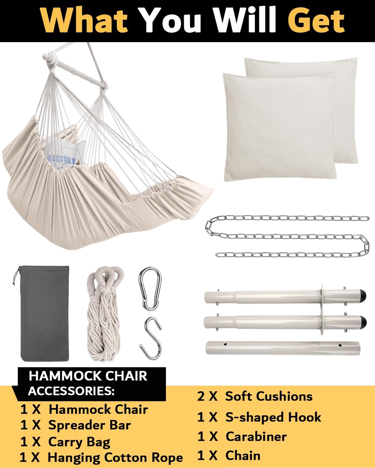 Miztli Hammock Chair Hanging Chair Swing for Bedroom with Foot Rest, Max 500 Lbs, Steel Spreader Bar with Anti-Slip Rings-2 Cushions Included-Indoor and Outdoor