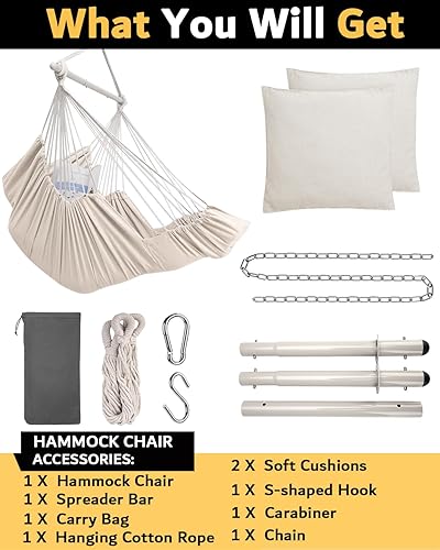 Miniatura 6 de Miztli Silla hamaca colgante para dormitorio con reposapiés, máximo 500 libras, barra separadora de acero con anillos antideslizantes, 2 cojines